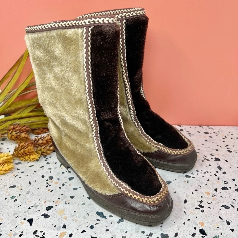 Vintage Apres Ski Faux Fur Cabin Boots Winter Lodge Women’s Snow Boots Sz 8